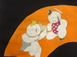 アンティーク　塩瀬　手描き　地紙に御所人形模様名古屋帯